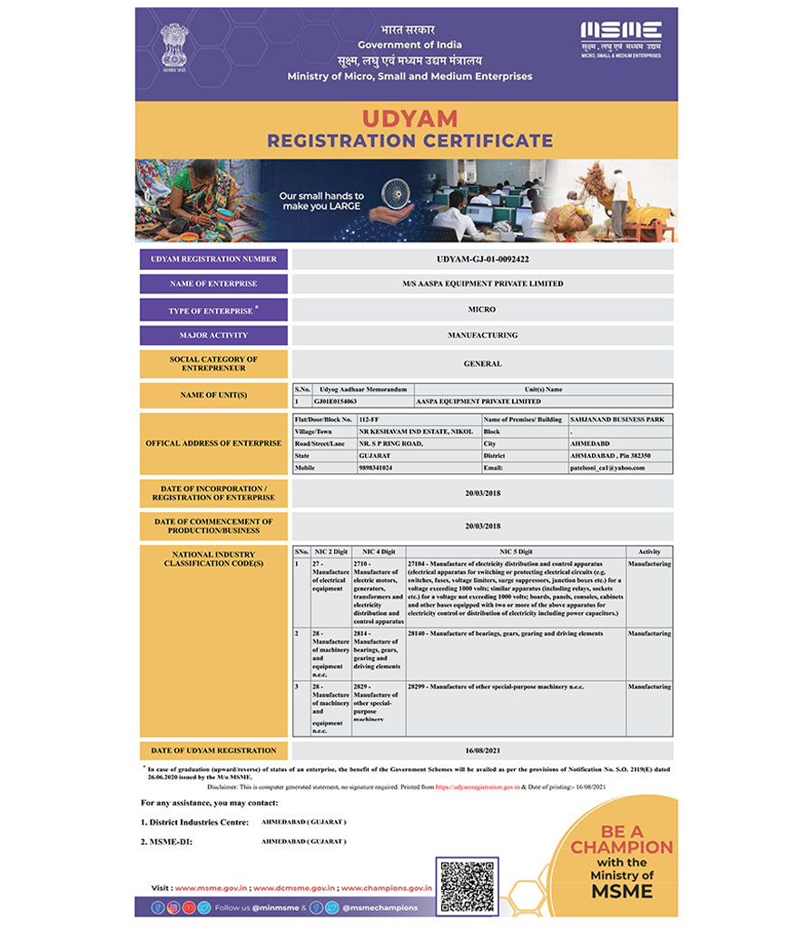 Udyam Registration Certificate - Aaspa Equipment