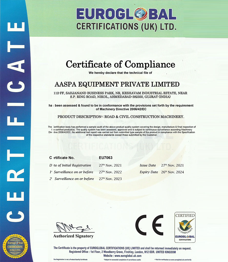 Aaspa Equipment Pvt Ltd Certificate of Compliance