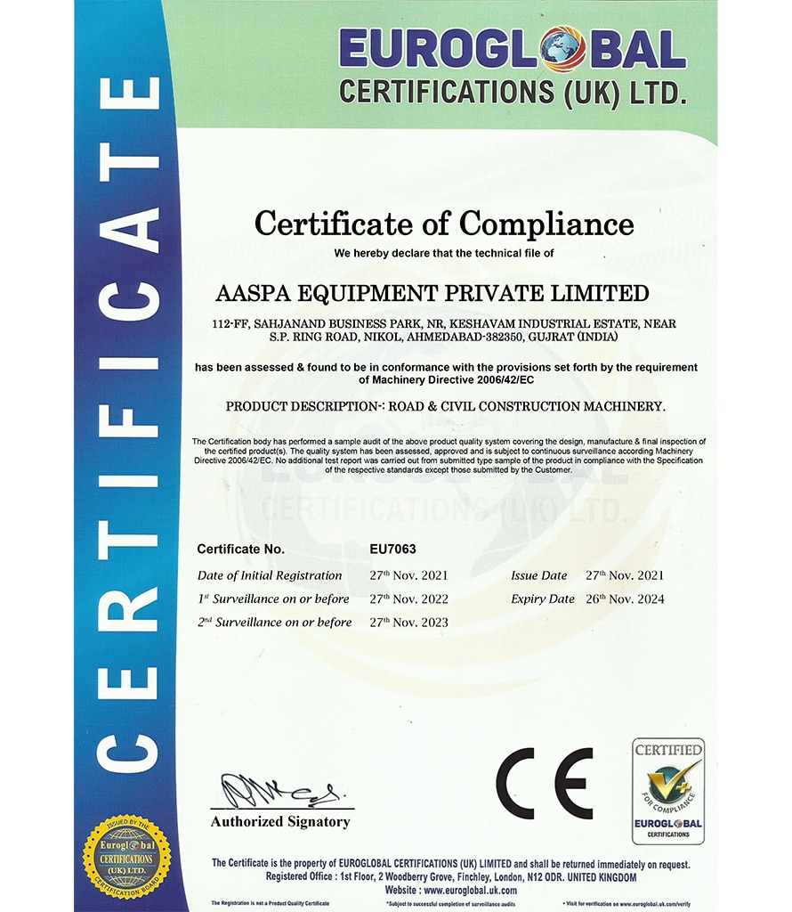 Aaspa Equipment Pvt Ltd Certificate of Compliance