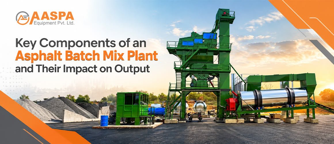 Asphalt batch mix plant components including cold feeders, dryer drum, vibrating screens and mixer